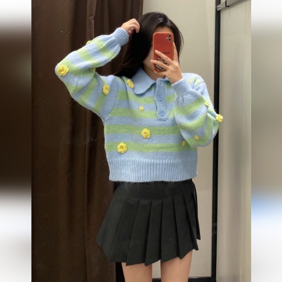 Zara Sweaters - Zara Embroidered Floral Striped Sweater Women's M Blue Green Cottagecore Preppy